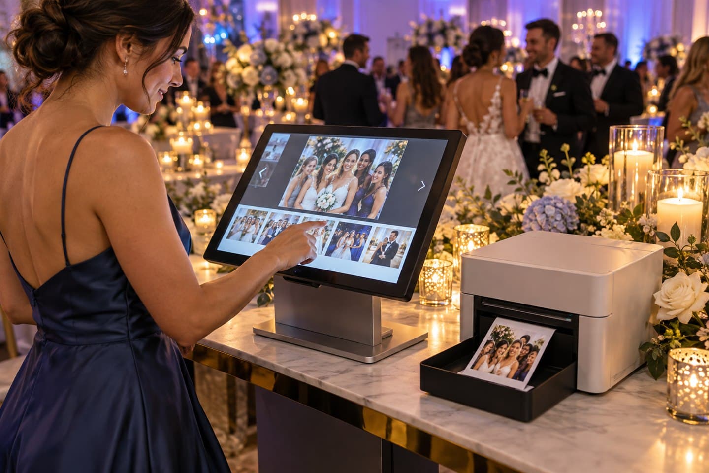 Estación de kiosco digital con pantalla táctil e impresora de fotos durante una boda