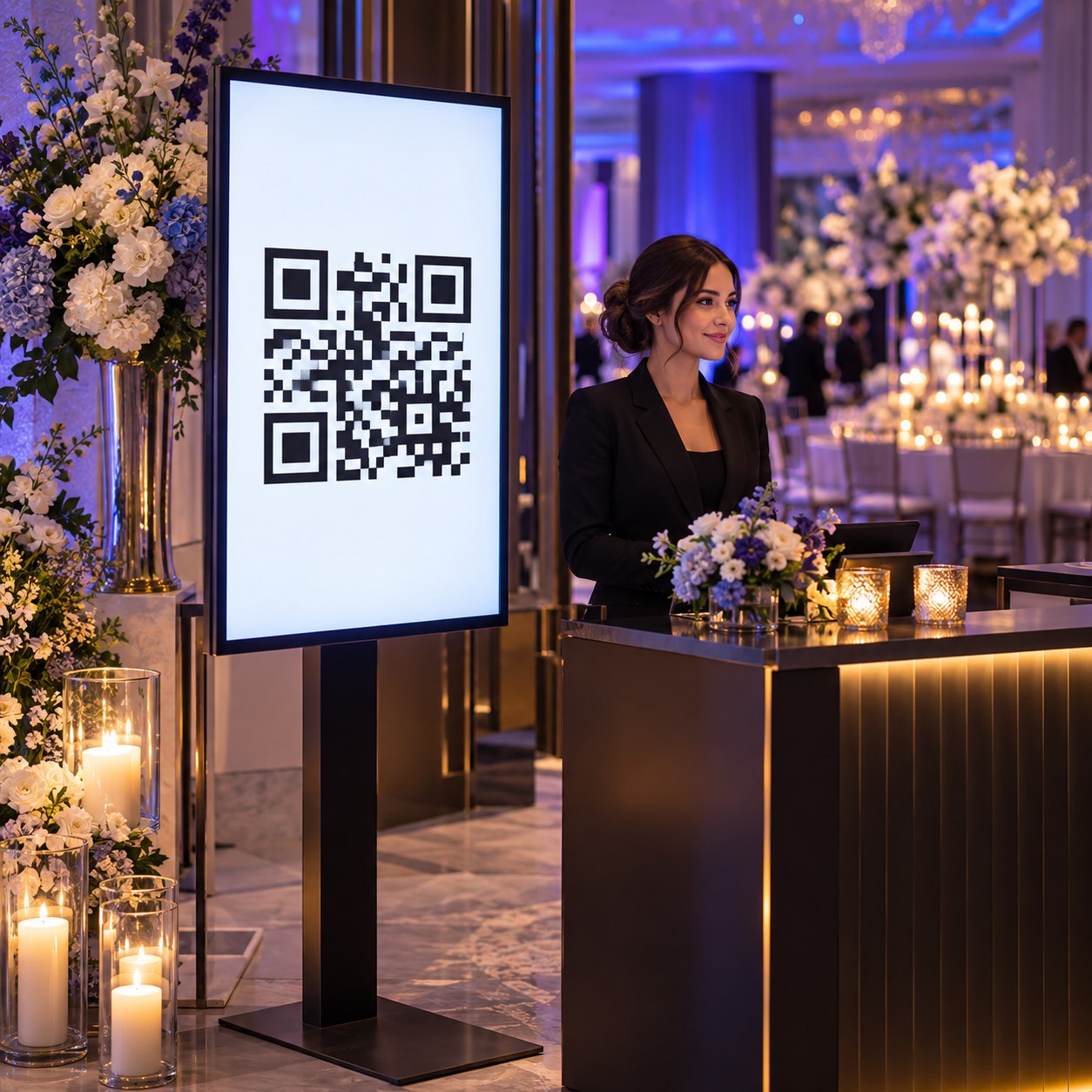 A digital display at an event reception showing the welcome QR code.