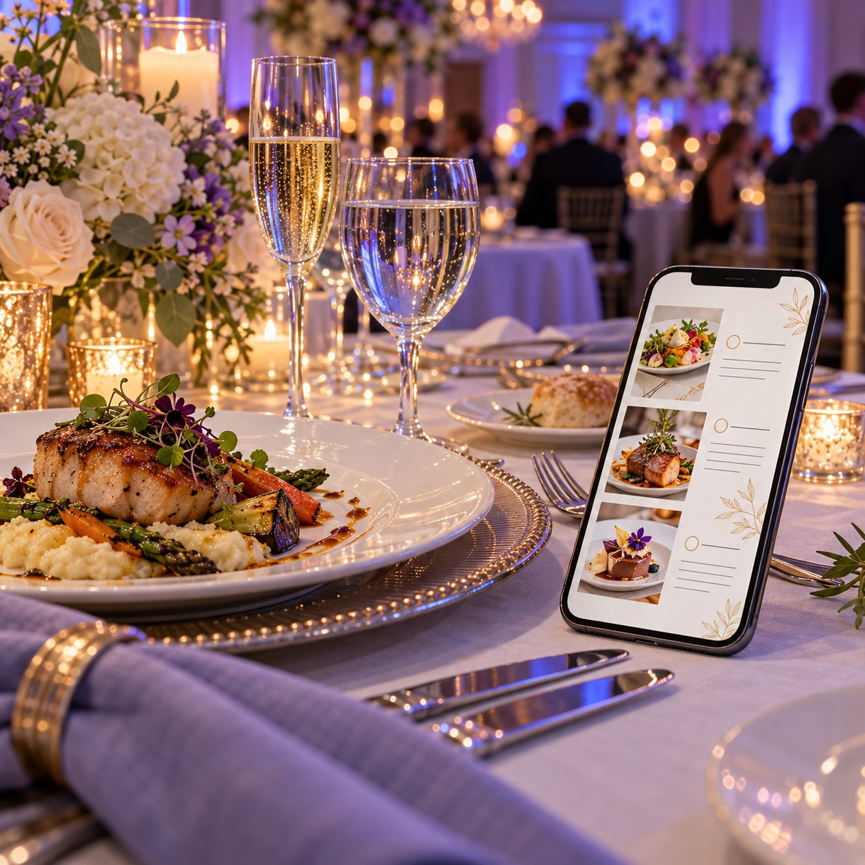 A digital event menu displayed on a phone beside a reception table.