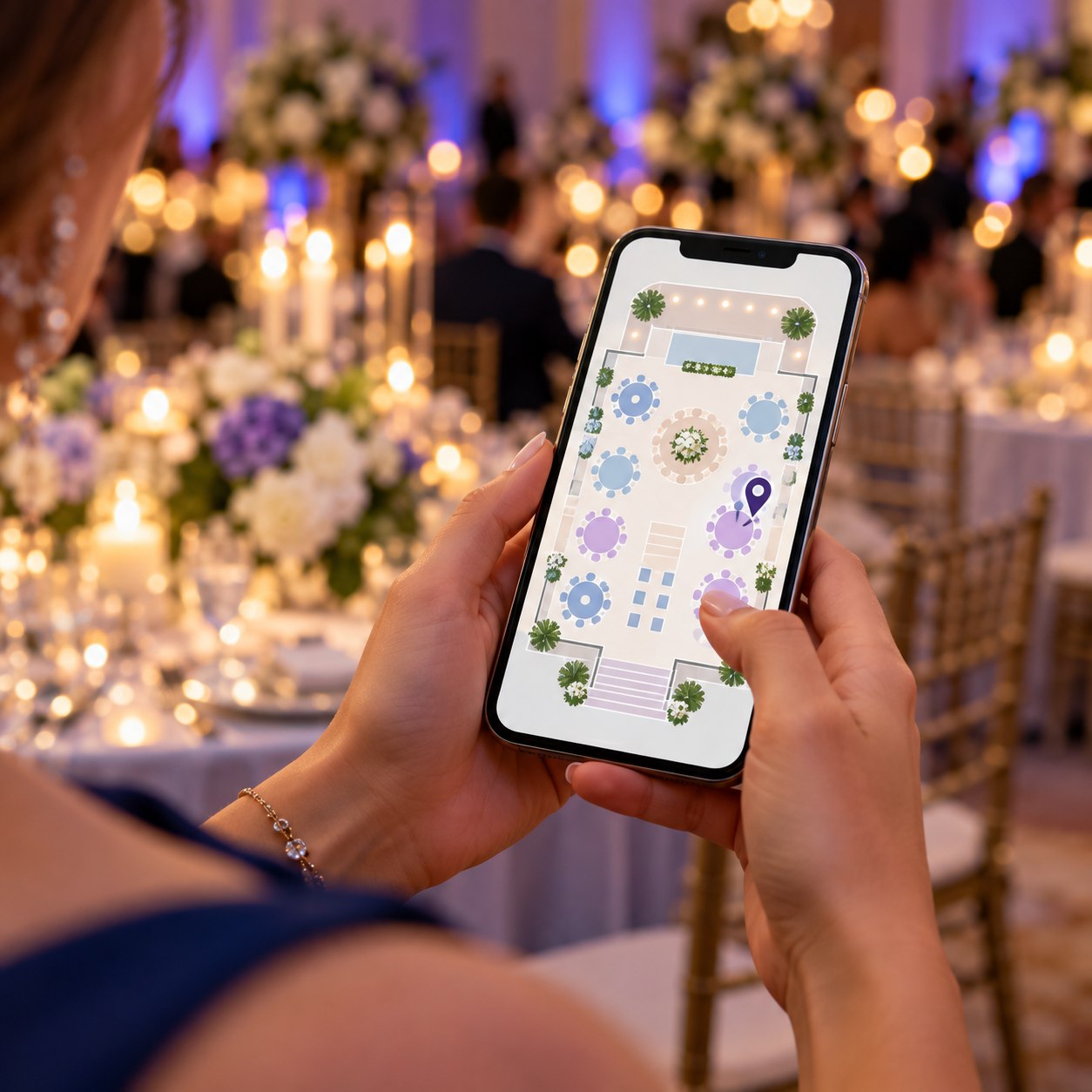 A guest checks the venue floor plan on a phone during a reception.