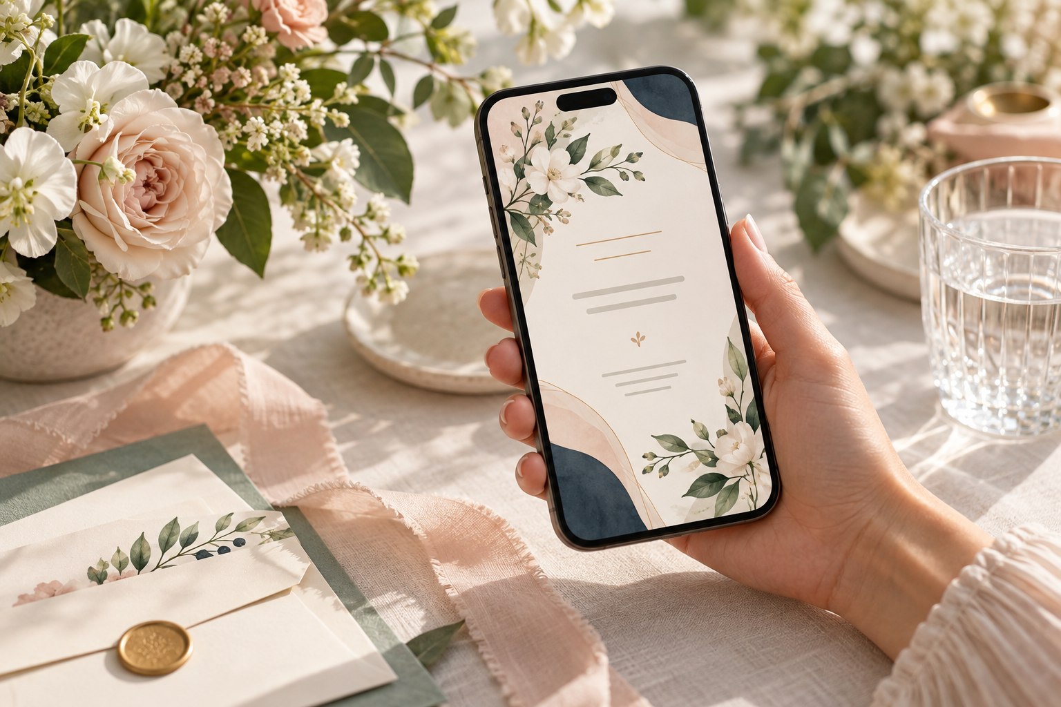 A digital wedding invitation open on a phone beside flowers and stationery.