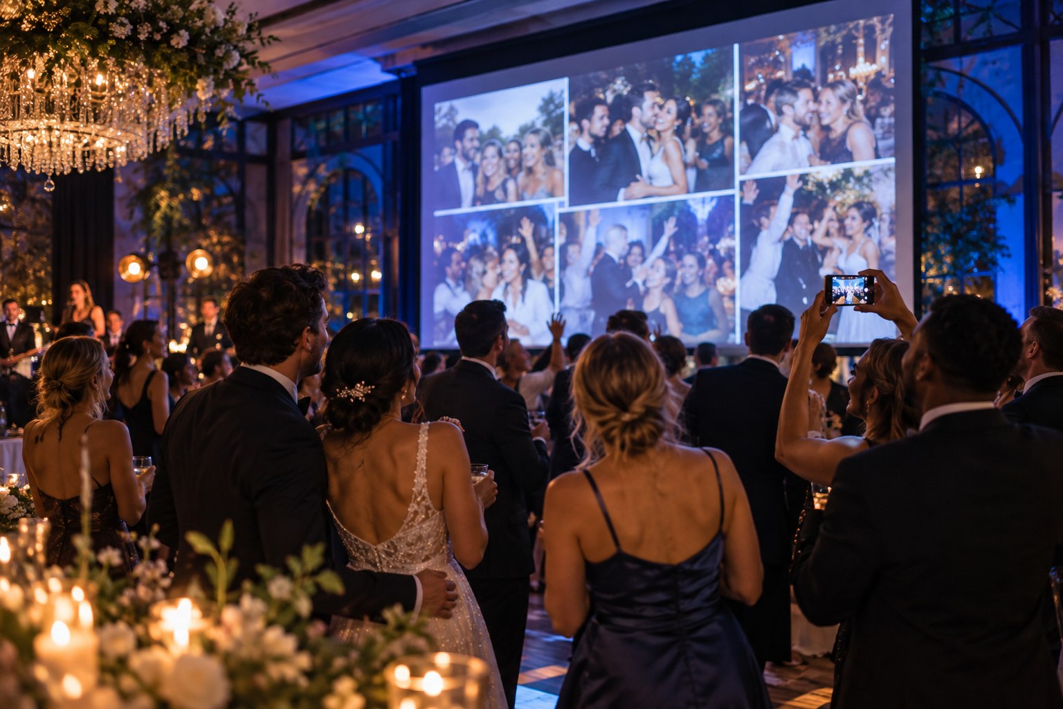 Guests watch event photos together on a large screen.