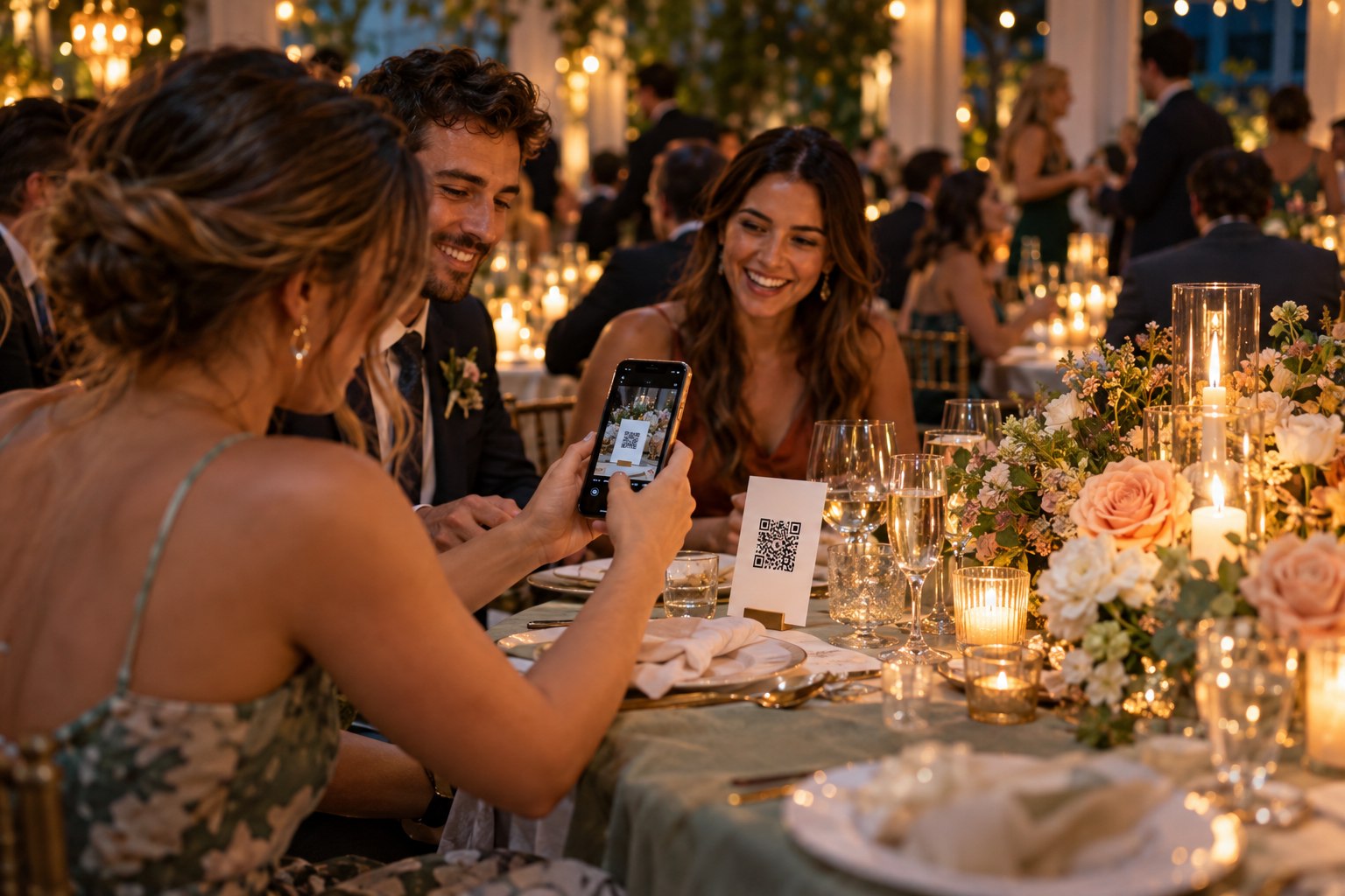A guest scans a table QR code at a wedding reception.