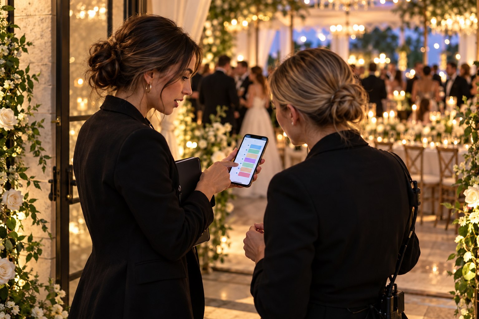 Two team members review schedule blocks together on a phone.