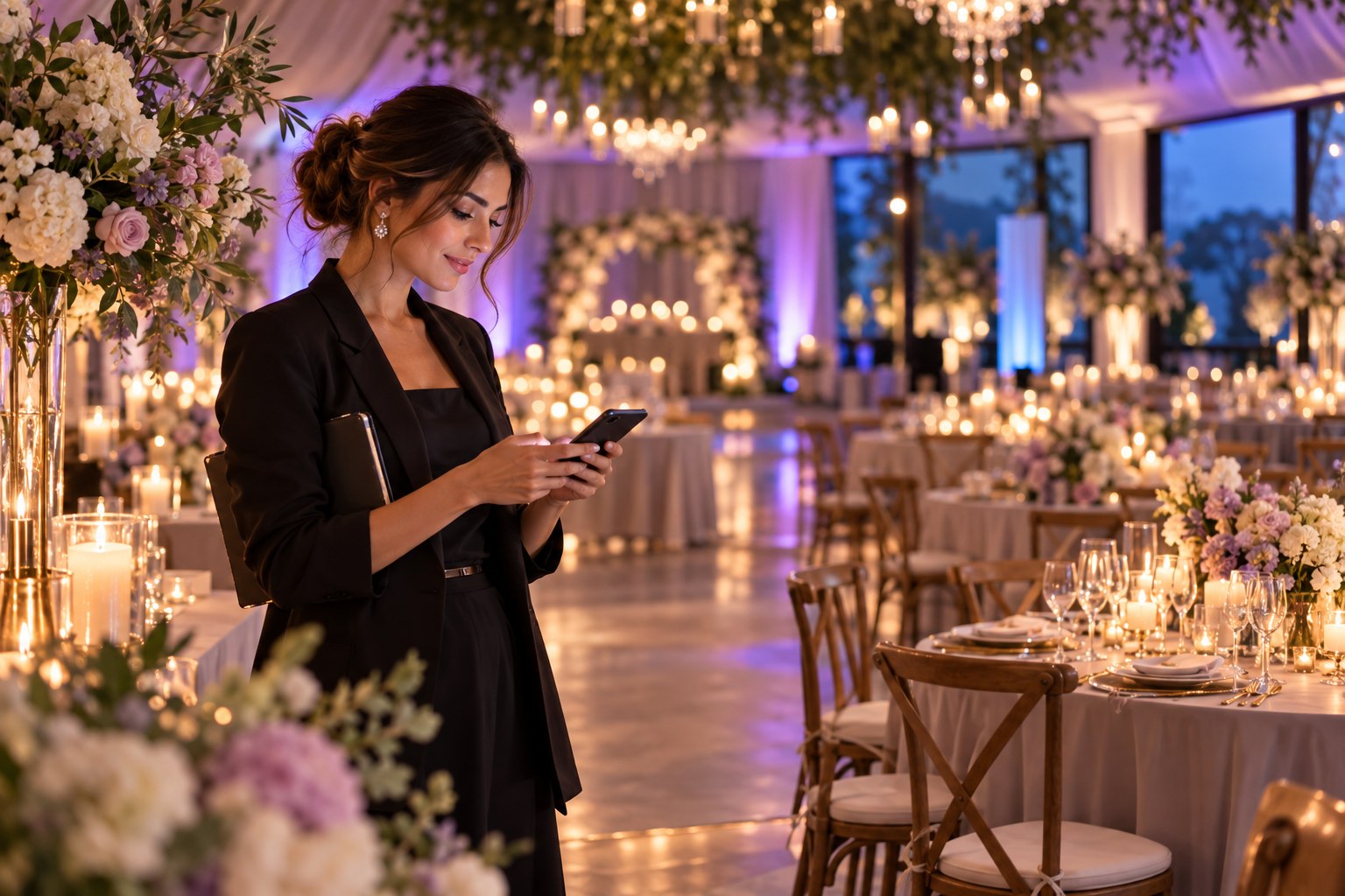Coordinadora consulta el cronograma en su teléfono durante una recepción de boda.