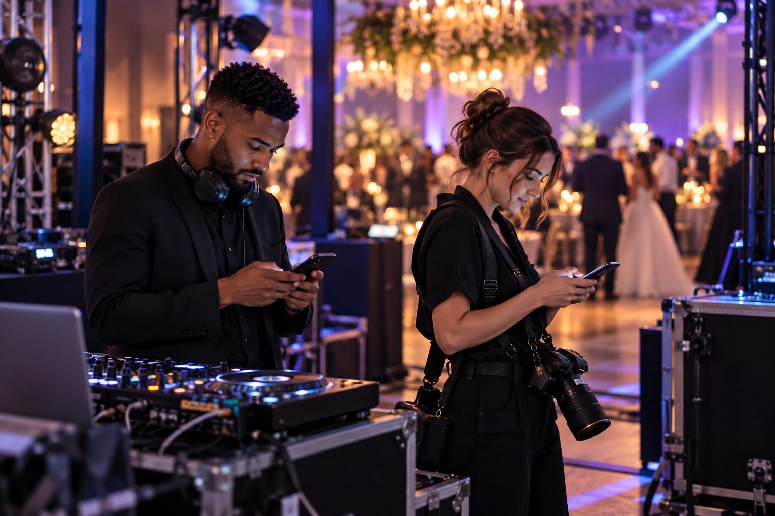 DJ and photographer check their phones before a wedding activity.
